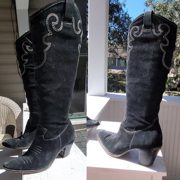 Via Spiga Blizza Sexy Western Embroidered Suede Cowgirl Pointed boots in Black - Picture 8 of 15